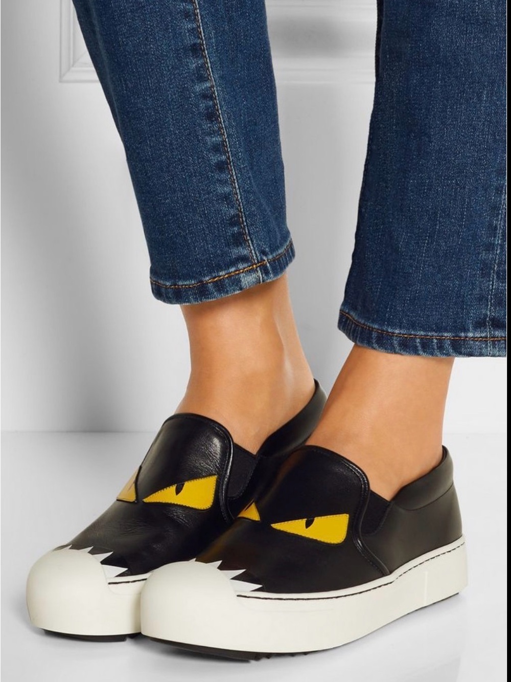 Fendi Monster Black Leather Slip-On Sneakers with Yellow Logo